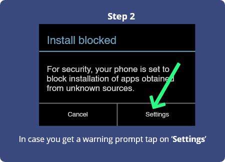 How to Install RummyBo step 2 - In case you get a warning prompt tap on 'settings'